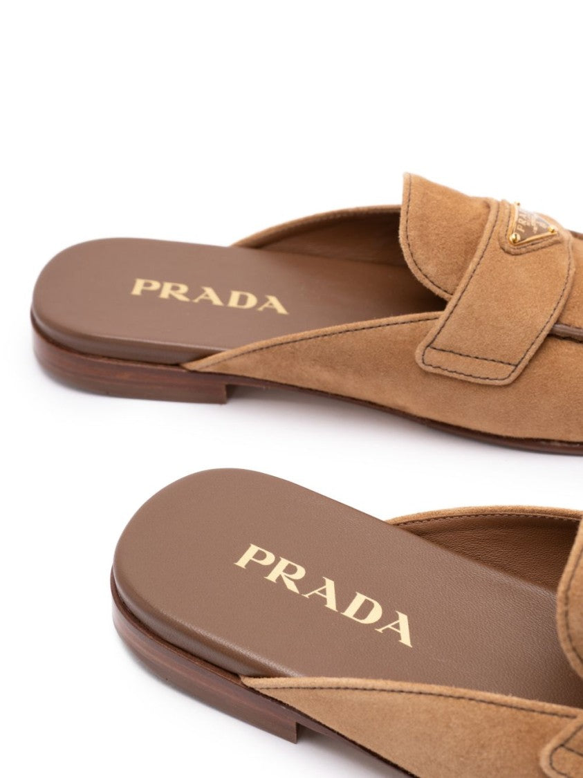 Prada Camel Suede Triangle Logo Slippers