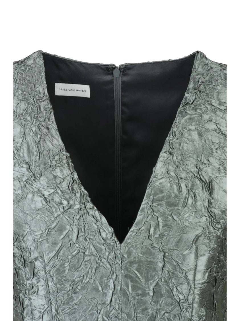 Dries Van Noten Sage Green Deep V-Neck Viscose-Blend Midi Dress
