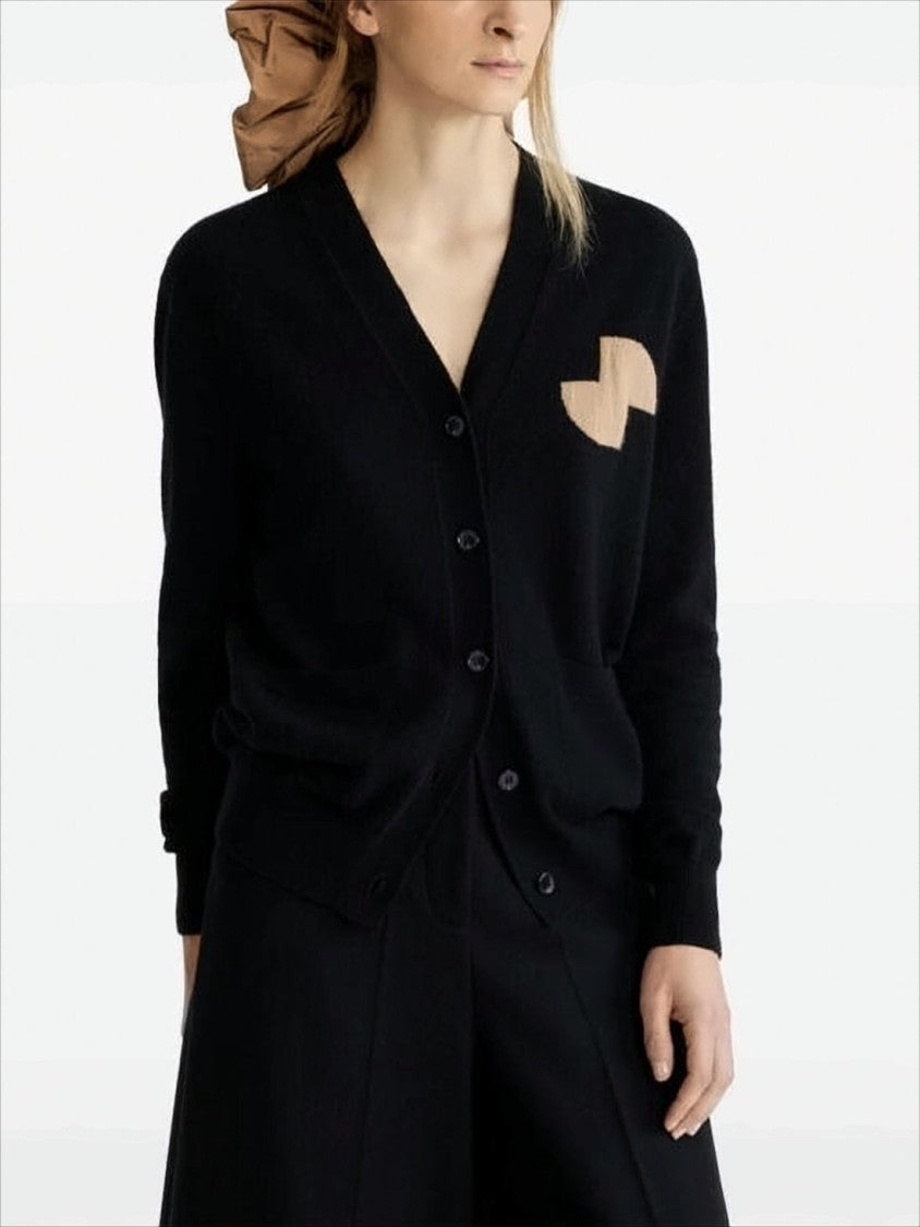 Patou Relaxed Black V-Neck Cardigan With Contrasting Chest Patch