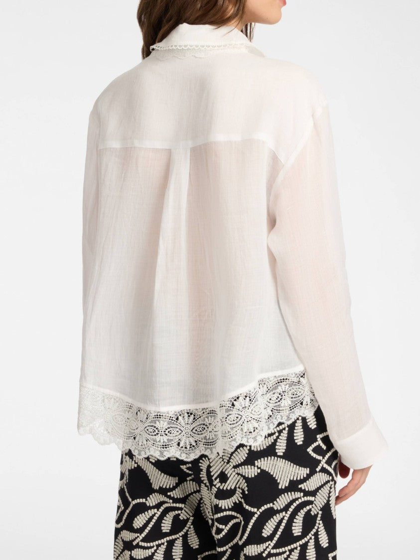 Elena Miro` Semi-Sheer White Floral Lace Blouse