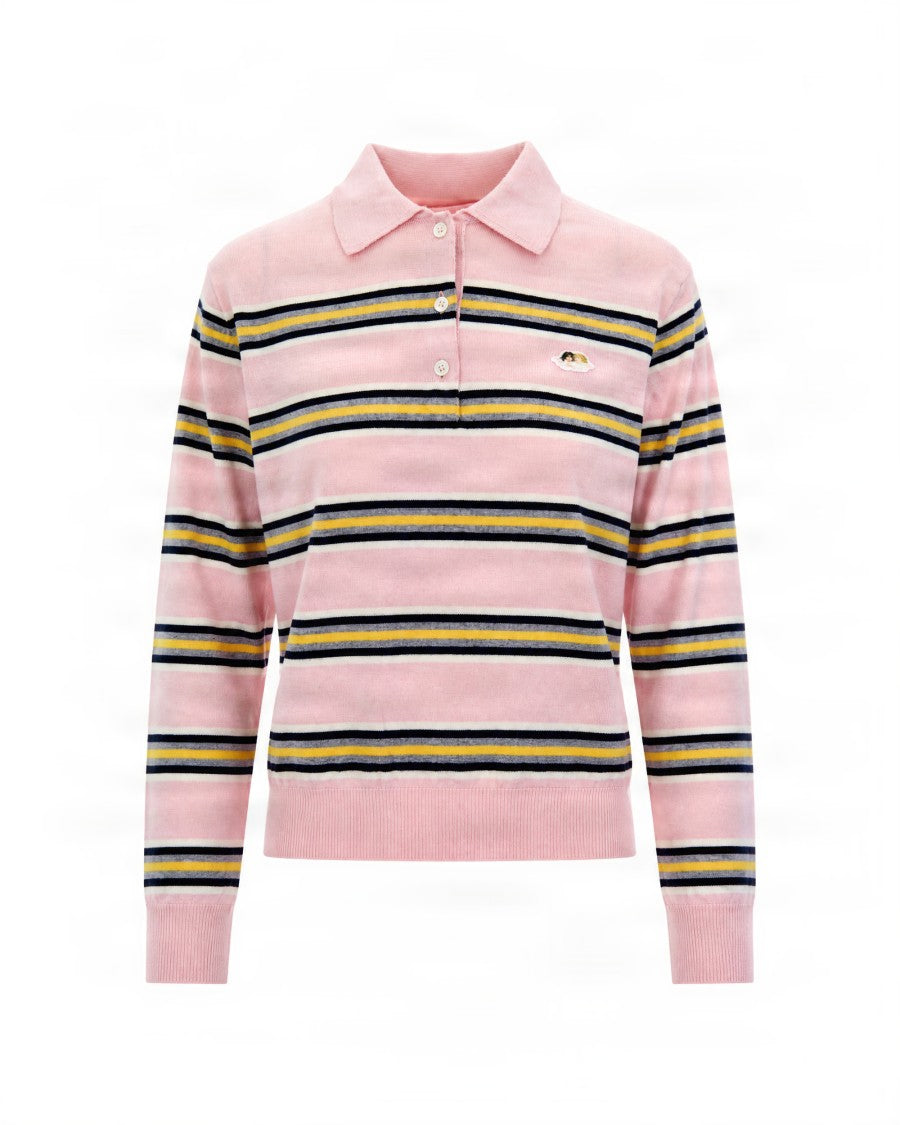 Fiorucci Pink Striped Ribbed Merino Wool Polo Shirt