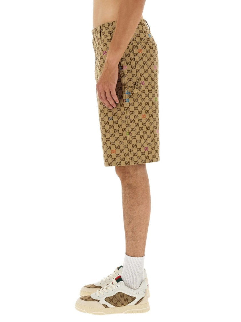 Gucci Gg Interlocking Pattern Beige Cotton Shorts