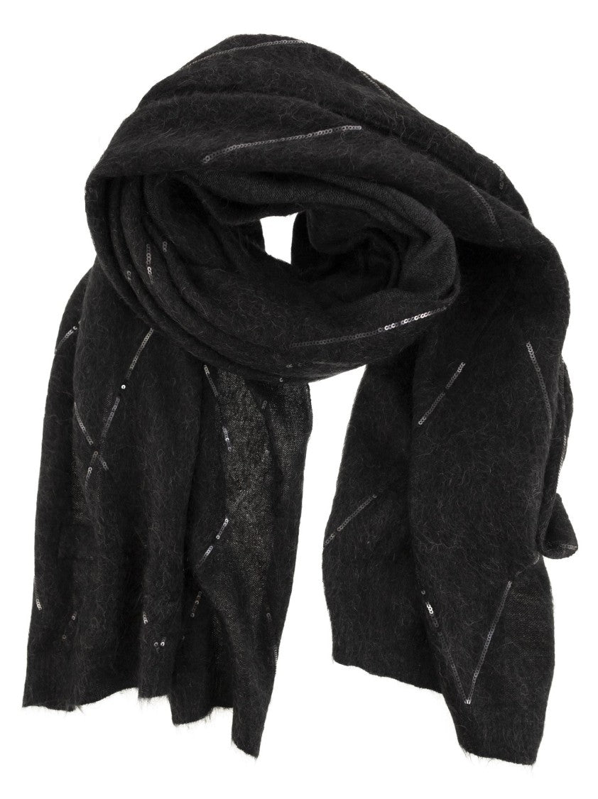 Brunello Cucinelli Rectangular Black Scarf With Micro-Sequins