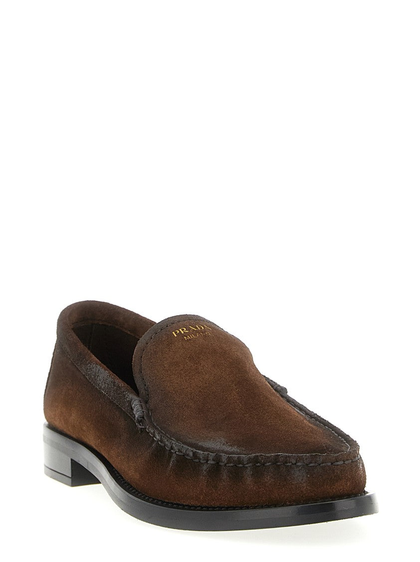 Prada Brown Suede Loafers With Embossed Logo