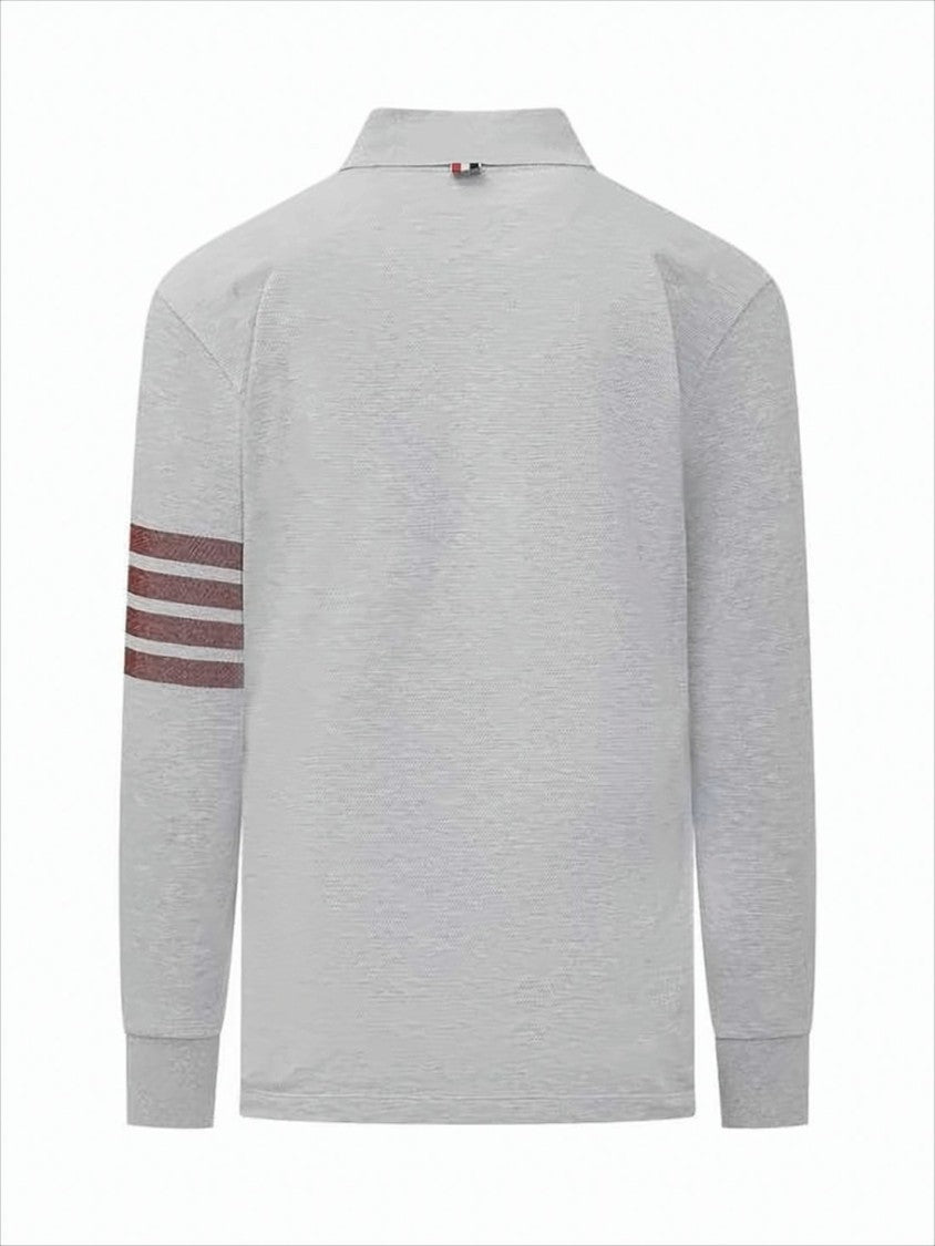 Thom Browne Textured Light Grey Long-Sleeve Polo Shirt With Striped Detailing