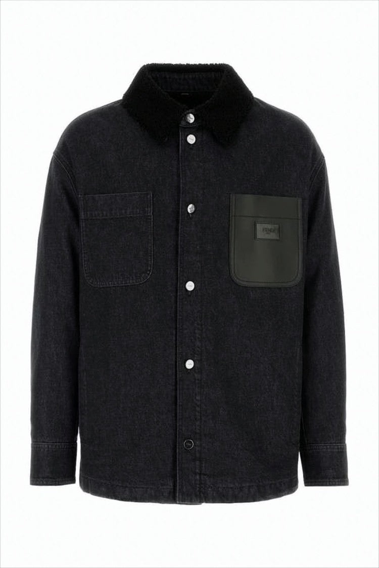 Fendi Black Denim Jacket With Textured Collar