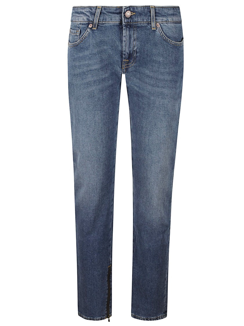 7 For All Mankind Mid-Blue Wash Skinny Jeans With Slit Hem Detail