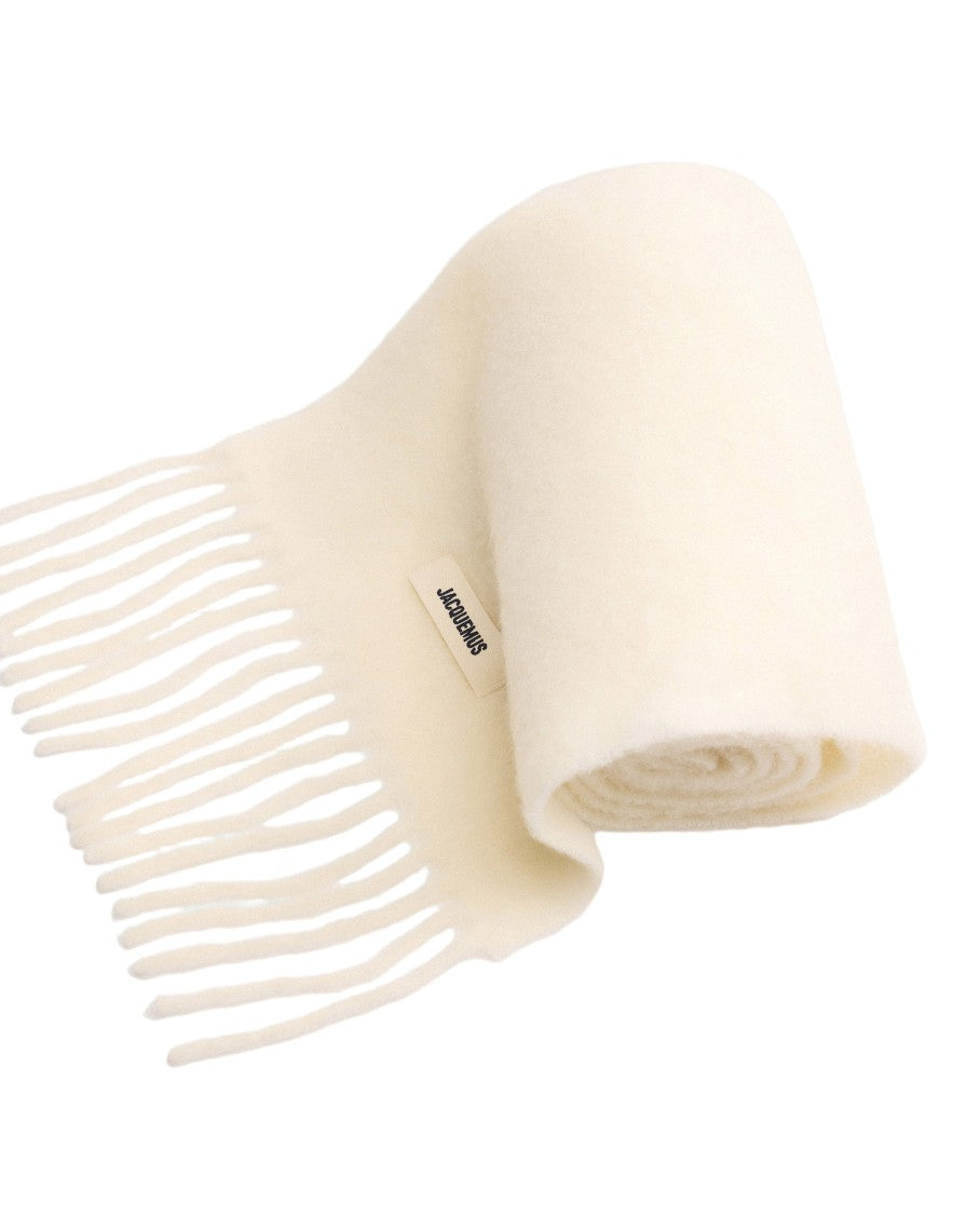 Jacquemus Fringe Detail Wool Blend Scarf With Embroidered Logo