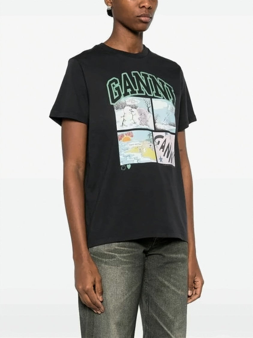 Ganni Comic-Style Graphic Black Cotton Jersey T-Shirt