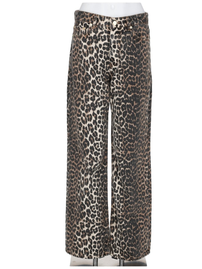 Ganni Wide-Leg Animal Print Organic Cotton Jeans