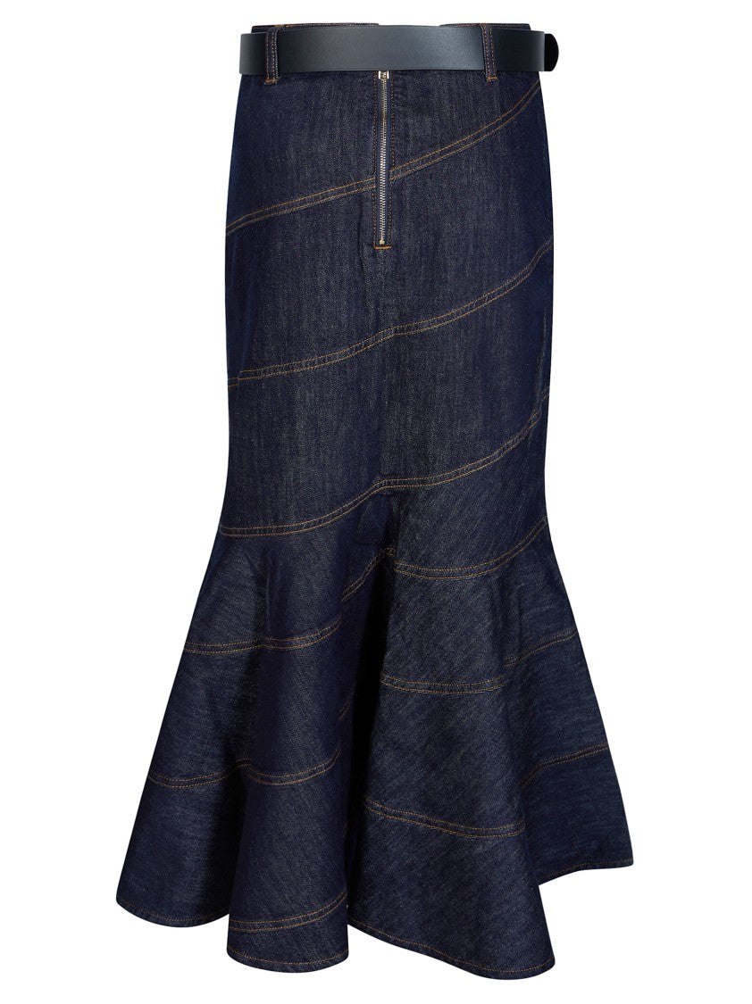 Self-Portrait Indigo Denim Belted Midi Skirt