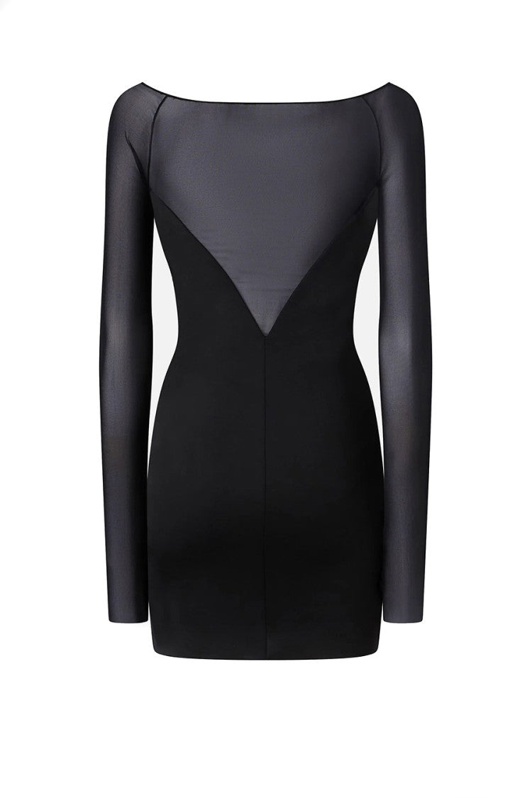 Pinko Fitted Black Dress With Sheer Sleeves And Sweetheart Neckline