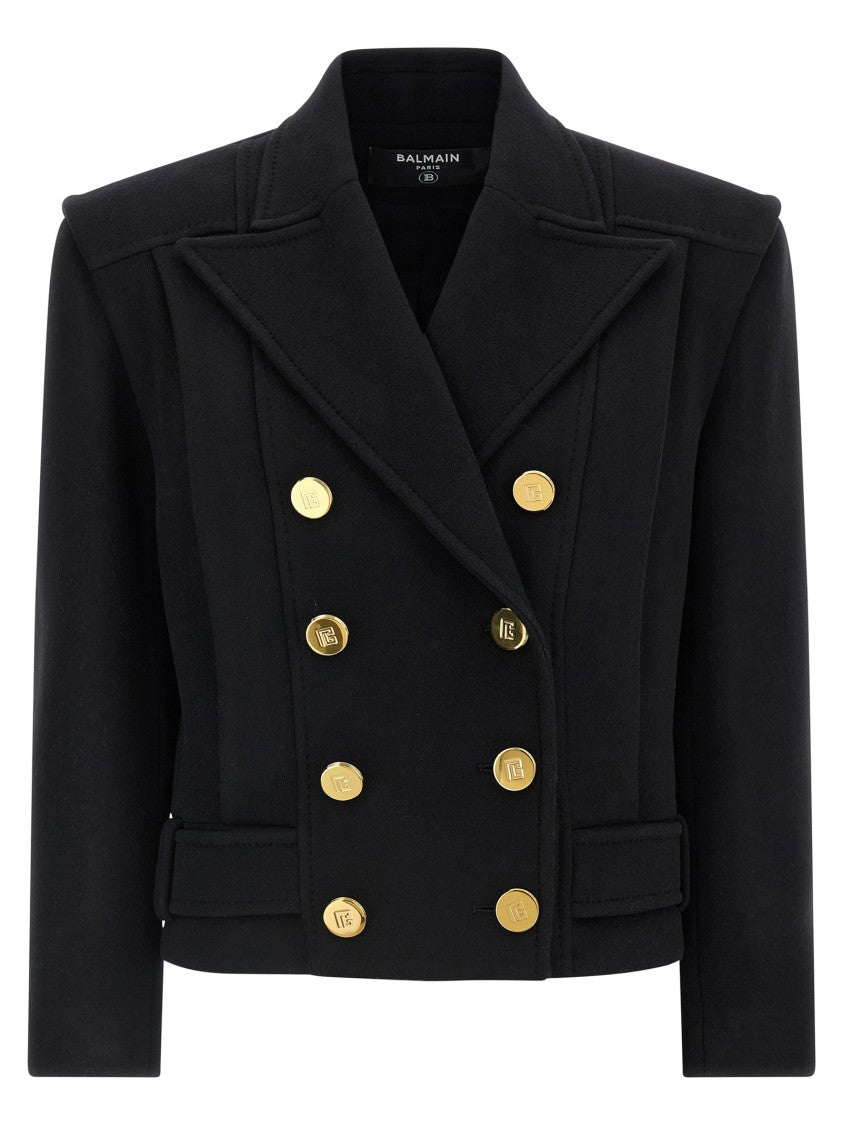 Balmain Short Double-Breasted Wool Blend Coat With Tailored Structure
