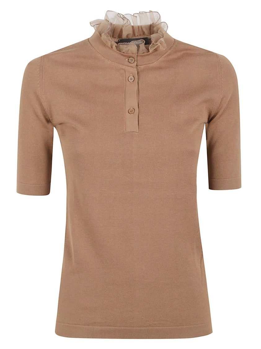 Fabiana Filippi Short-Sleeved Top With Ruffled Neckline And Button Placket