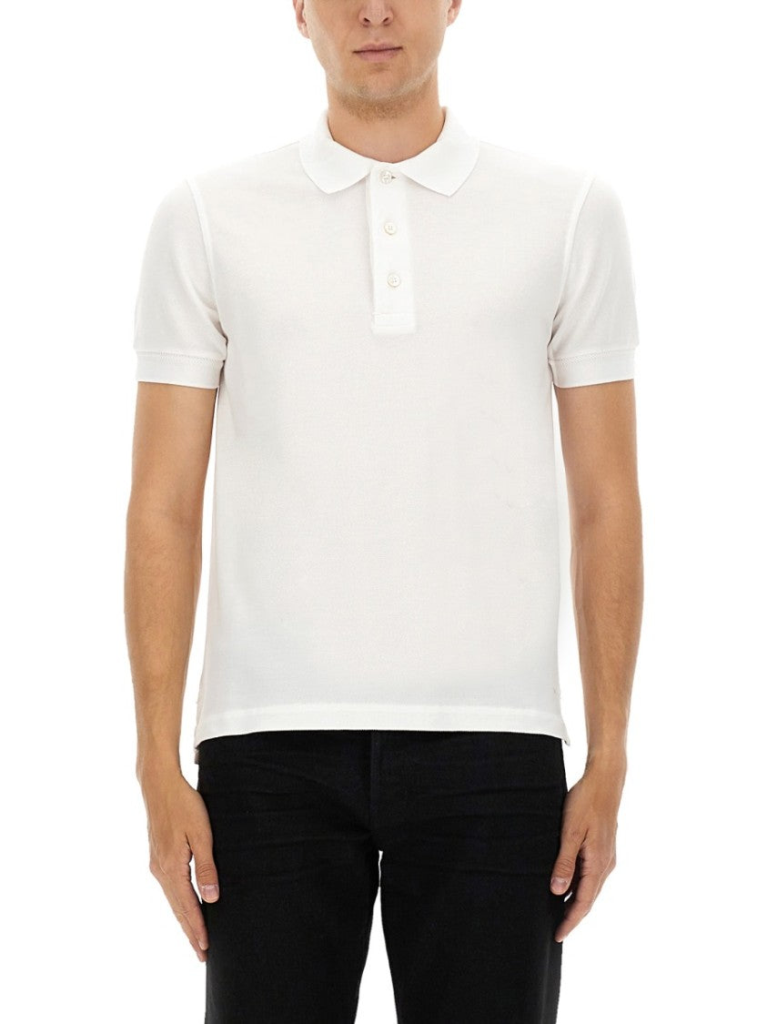 Tom Ford Textured White Pique Polo With Collared Neckline