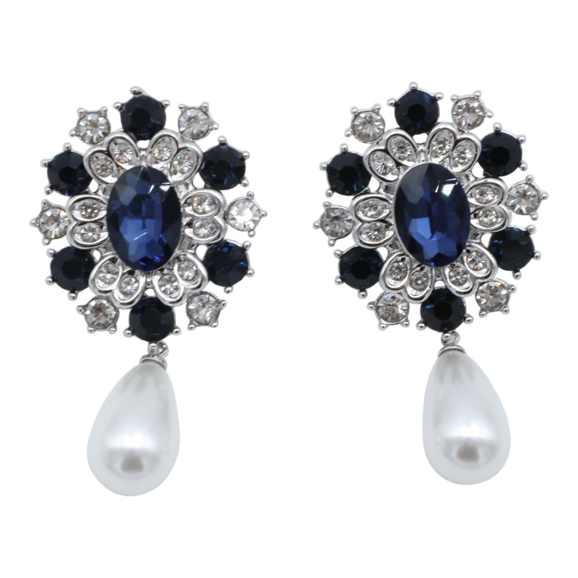 Self-Portrait Floral-Inspired Drop Earrings With Dark Blue Gemstone And Pearl Accent
