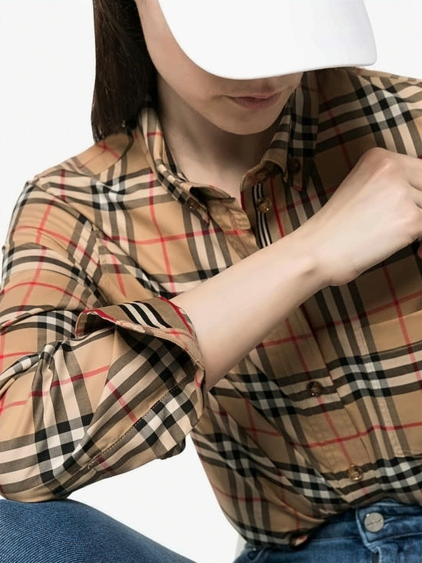Burberry Beige Check Pattern Tailored Shirt With Button-Down Front