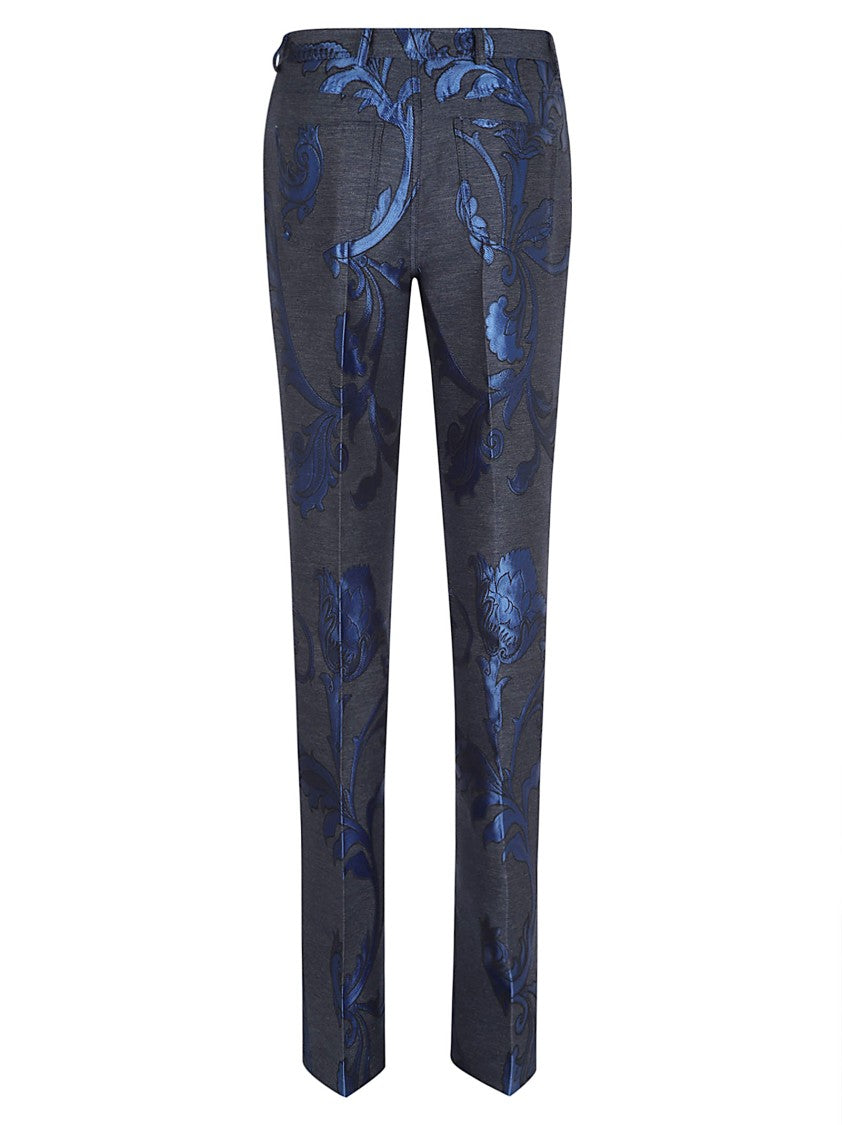 Etro Deep Blue Jacquard Floral Tailored Pants