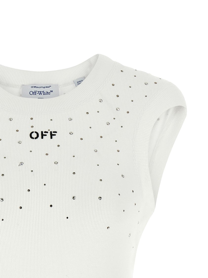Off-White Ribbed Stretch Viscose Jersey Top With Swarovski Crystal Embellishments