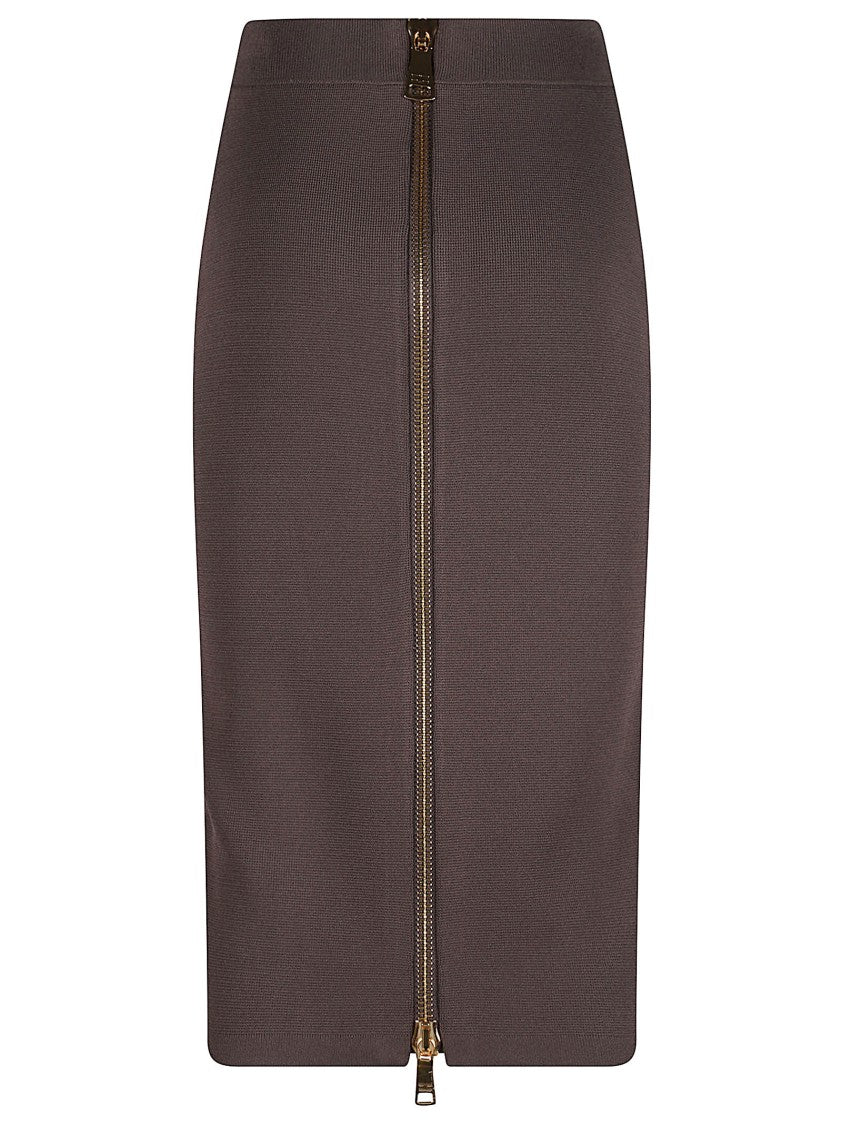 Elisabetta Franchi Sleek Brown Midi Skirt With High Waistband And Metallic Zipper