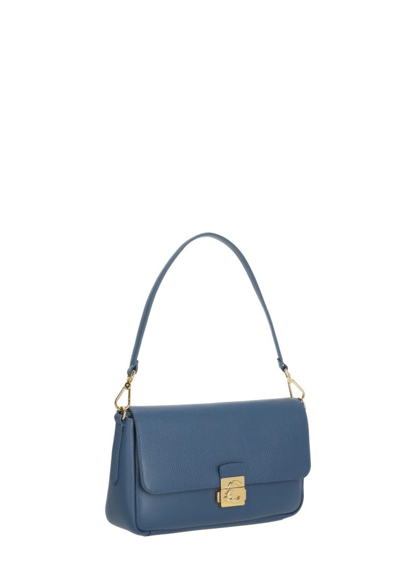 Coccinelle Structured Blue Leather Shoulder Bag With Distinctive Gold-Tone Lock