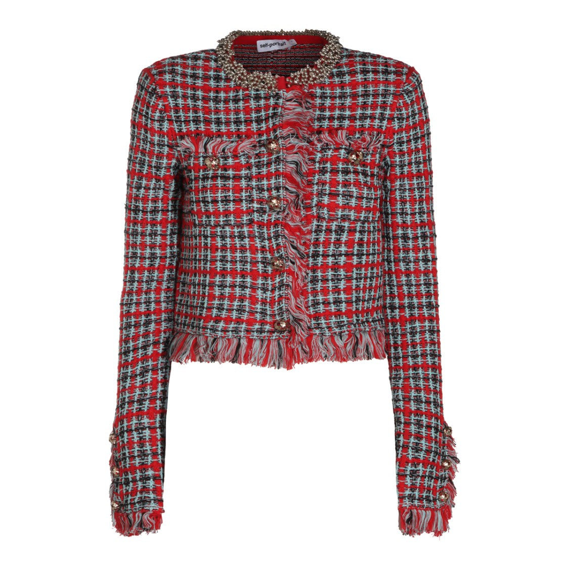 Self-Portrait Red Black Checkered Tweed Beaded Cropped Jacket