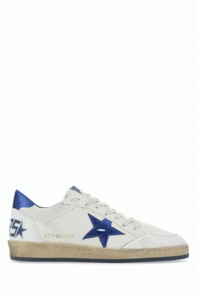 Golden Goose Distressed Off-White Low-Top Sneakers With Blue Star Emblem