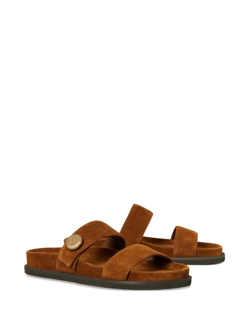 Tory Burch Brown Double-Strap Flat Sandals With Button Detail