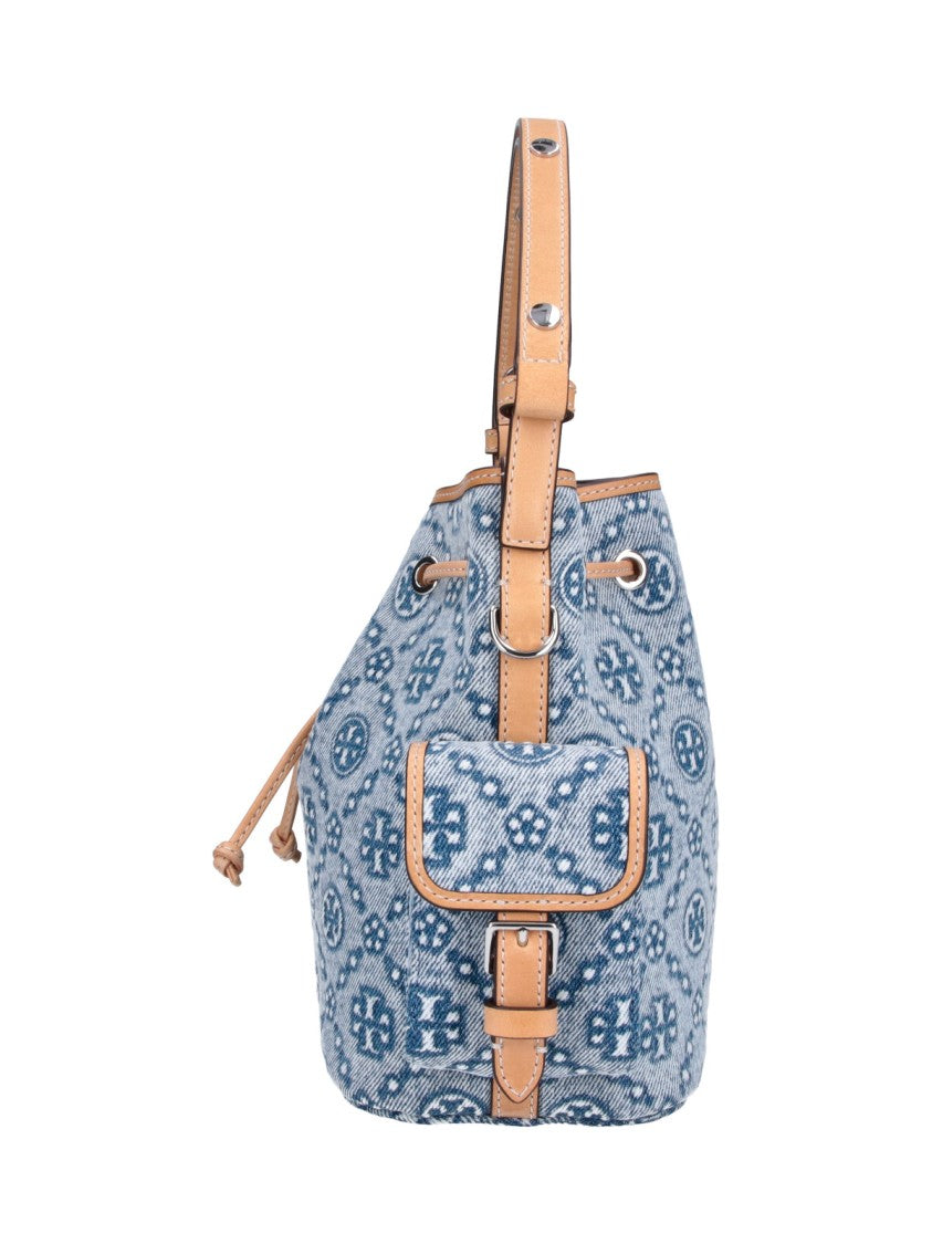 Tory Burch Blue T Monogram Cotton Bucket Bag