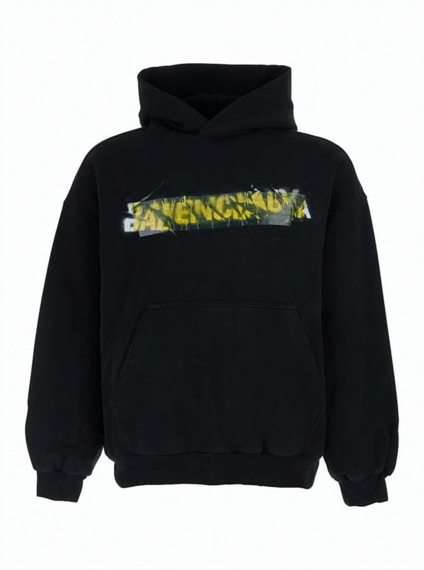 Balenciaga Relaxed Fit Black Hoodie With Graphic Print And Ribbed Cuffs