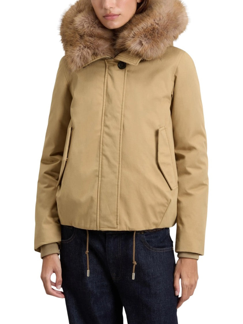Woolrich Beige Short Cotton Faux Fur Trimmed Parka