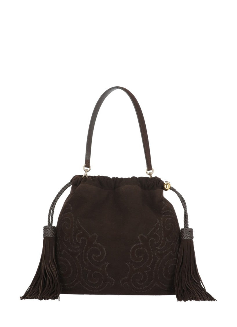 Etro Brown Kalispero Embroidered Fringe Suede Bag