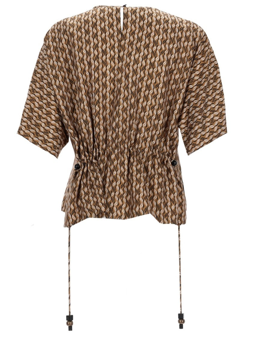 Max Mara Short-Sleeve Wave Print Silk Blouse