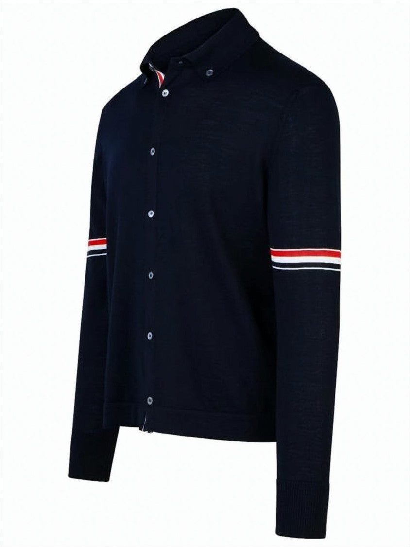 Thom Browne Fine-Knit Wool Cardigan With Horizontal Stripe Accents