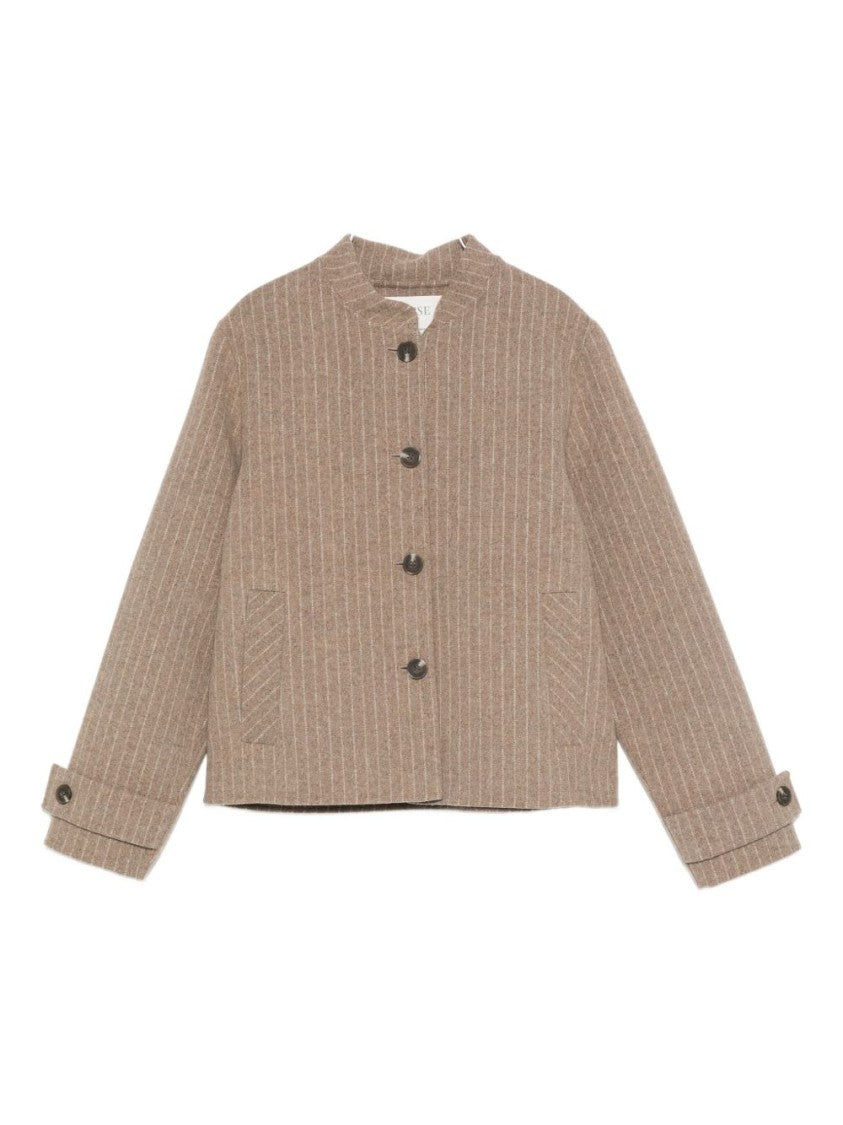 Yerse Cropped Brown Coat With Subtle Pinstripe Pattern