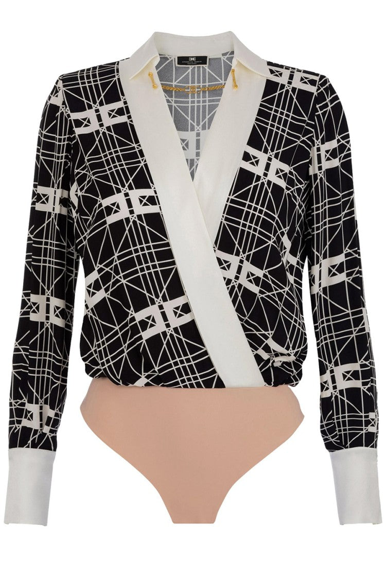 Elisabetta Franchi Multicolor Silk-Elastane Geometric-Print Wrap Bodysuit