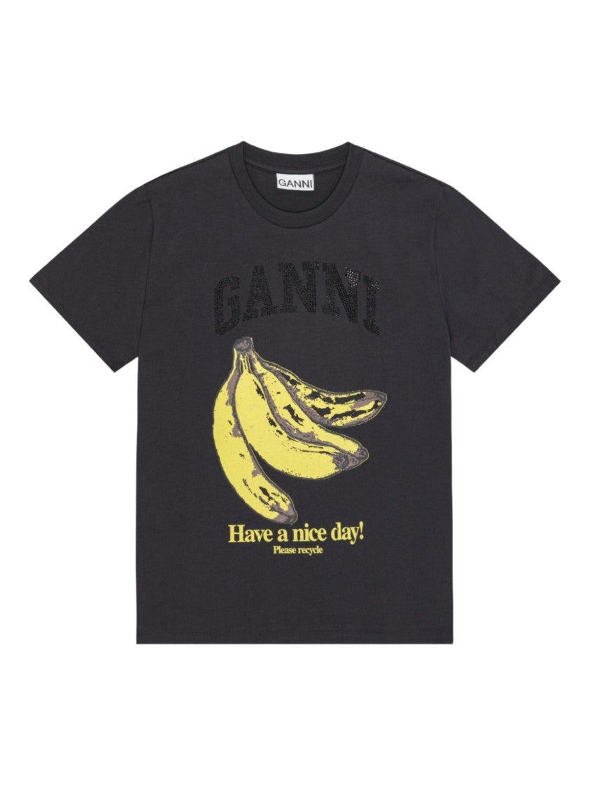Ganni Black Cotton T-Shirt With Banana Graphic Print