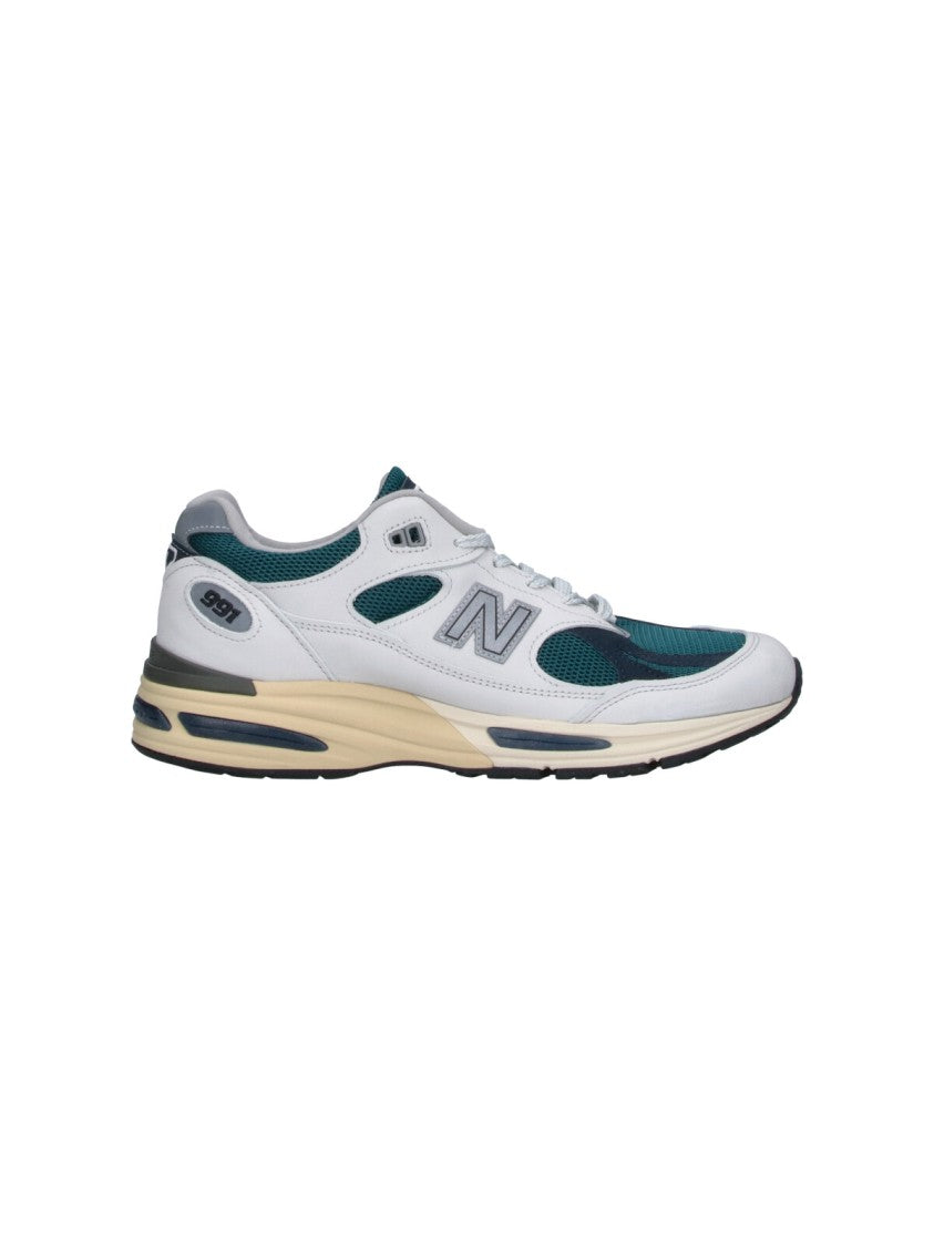 New Balance White Leather And Dark Teal Sneakers