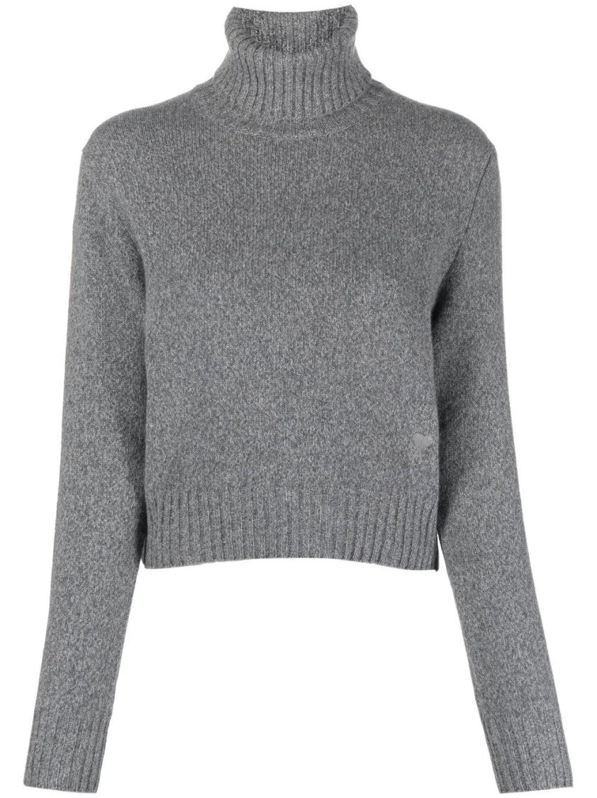 Ami Paris Soft Grey Cashmere Blend Cropped High Neck Sweater