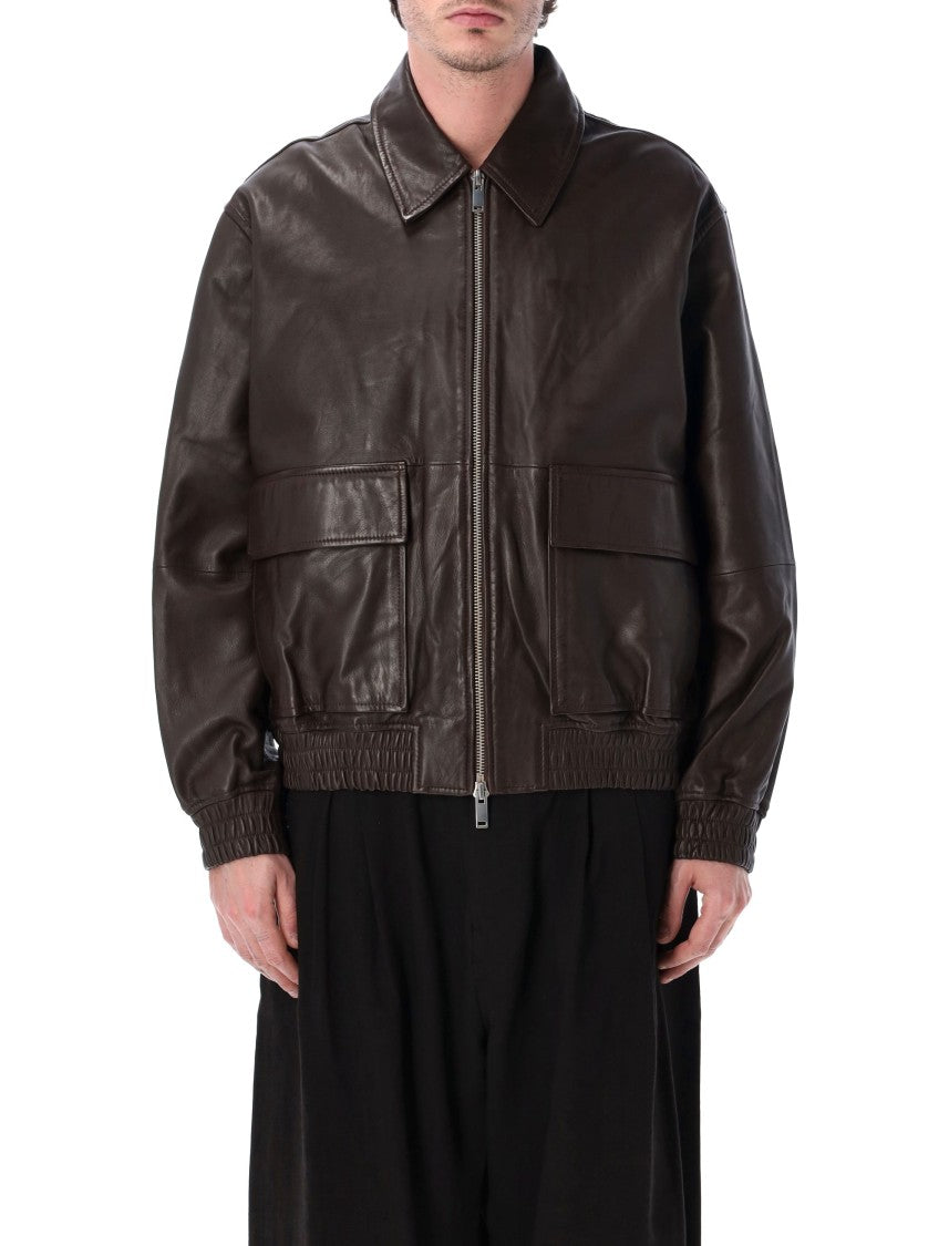 Studio Nicholson Soft Lambskin Leather Bomber Jacket With Shaped Collar