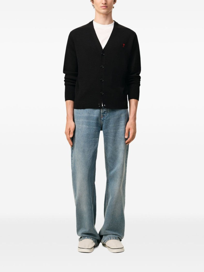 Ami Paris Cropped Black V-Neck Cardigan With Button-Down Front
