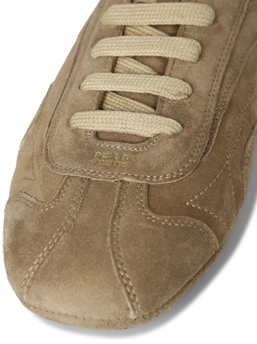 Prada Low-Profile Brown Suede Sneakers With Intricate Stitching