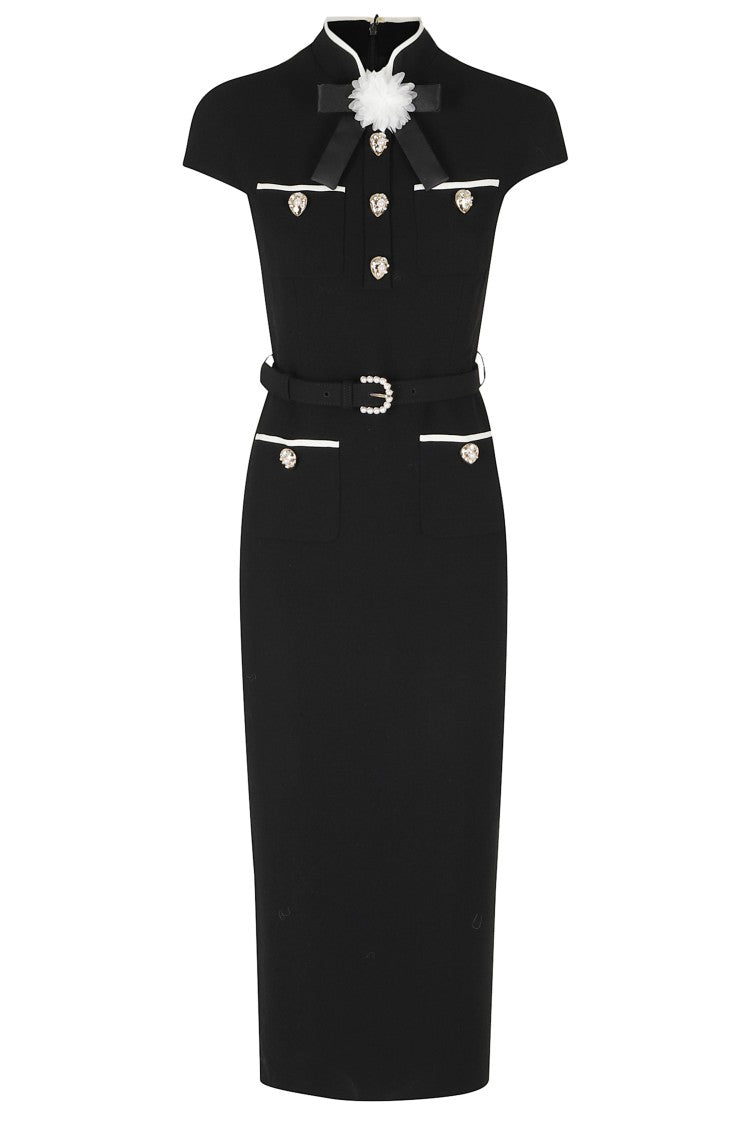 Self-Portrait Black Bow Jeweled Buttons Wool Crepe Midi Dress