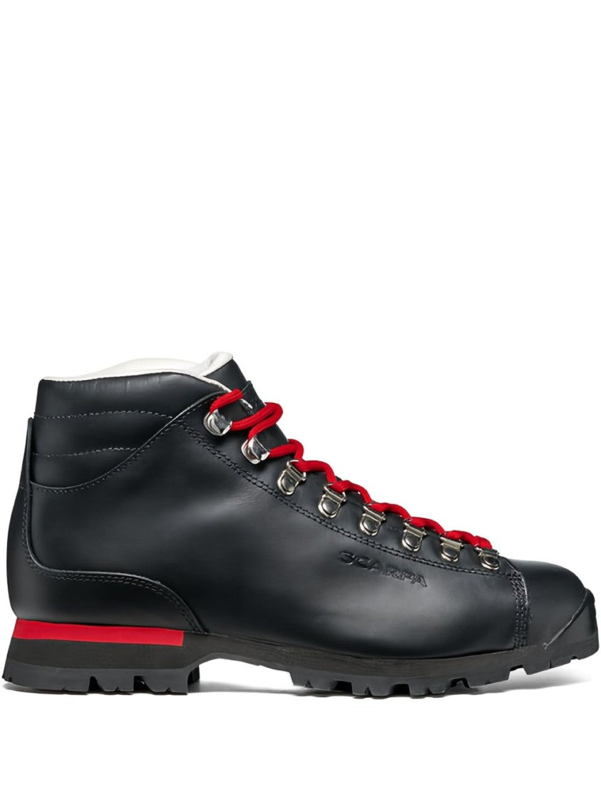 Scarpa Black Leather Red-Accented Mid-Top Sneakers