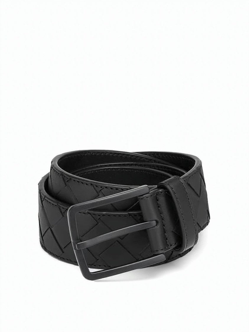 Bottega Veneta Woven Black Calf Leather Belt With Matte Buckle