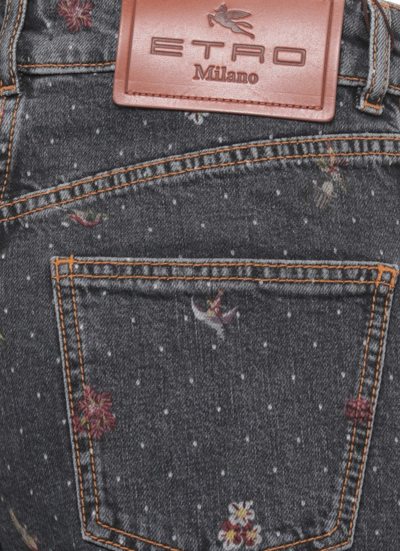 Etro Blue Wide-Leg Patterned Cotton Denim Jeans