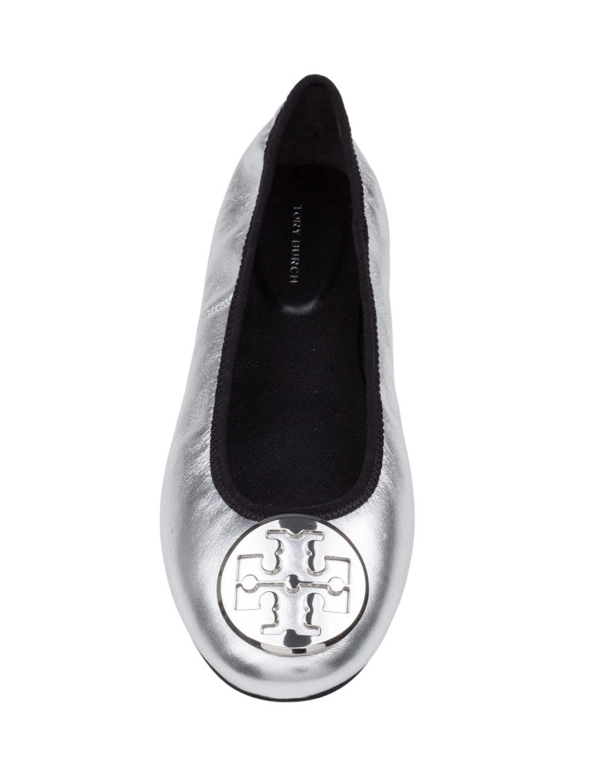Tory Burch Reva Travel Leather Ballerina Flats In Silver