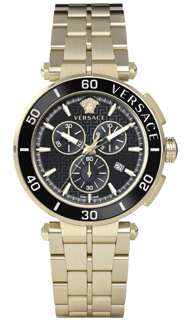 Versace Greca Chrono 45Mm Steel Watch With Gold-Tone Accents