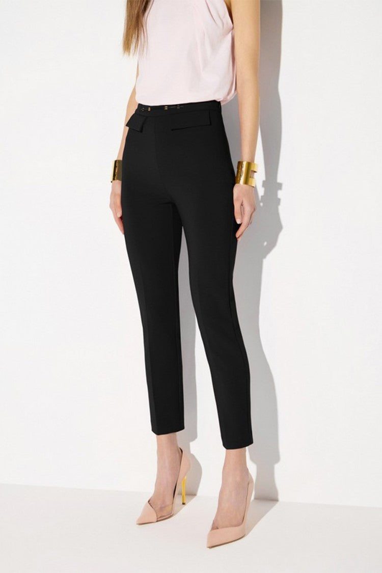Elisabetta Franchi Black Flap Pocket Buckle Waist Polyamide-Blend Cropped Pants