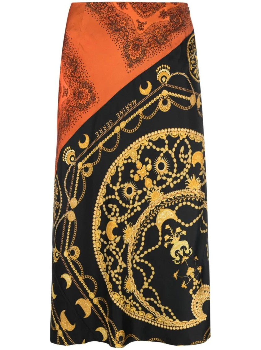 Marine Serre Black Midi Skirt With Intricate Gold Patterns